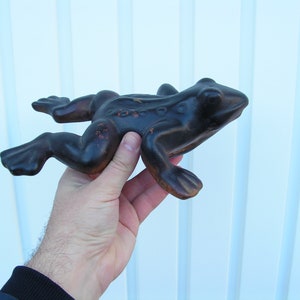 May include: A dark brown cast iron frog figurine. The frog is posed with its legs outstretched and its head tilted slightly to the side. The frog has a textured surface and appears to be hand-painted.