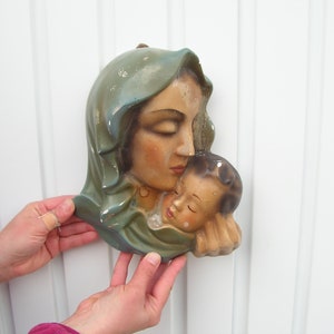 Old gypsum mask for wall, Woman child face, Handmade art mask, Gothic decor, Vintage hand painted wall mask, Sculpture clay face