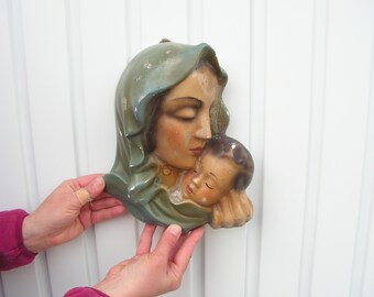 Old gypsum mask for wall, Woman child face, Handmade art mask, Gothic decor, Vintage hand painted wall mask, Sculpture clay face