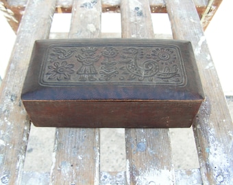 Vintage Brown Leather Jewelry Box, Old Small Jewelry Box, Gift for Her, Genuine Leather Box, Trinket Leather Box