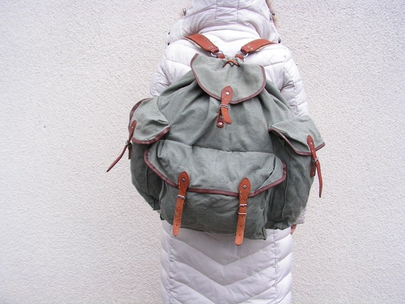 Big Canvas backpack Travel gray green backpack Mil