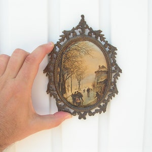 Vintage brass frame oval hole Italy, Frame photo cloth painting, Frame landscape silkscreen, Hand made unique frame textile panel