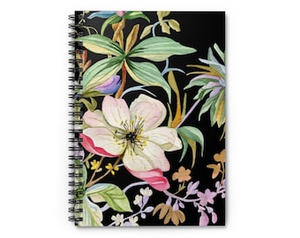 Tropical Flowers Notebook Journal - Watercolor Plants on Black - Blank Lined Notebook Pages - Wirebound Spiral Journal