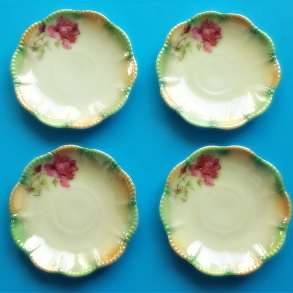 Silesien Germany Saucers Cabbage Rose 4 Porcelain Scalloped Orange Green Lustre