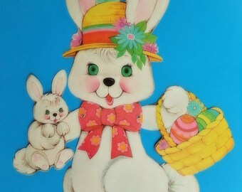 Easter Bunny Decoration 18&quot; Cardboard Jointed VTG Die Cut Anthropomorphic