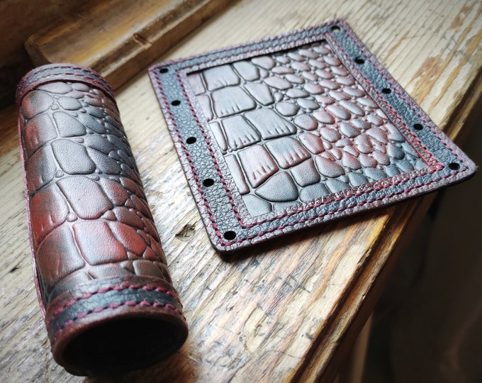 Genuine Leather Motorcycle Grip Covers Wraps Black Red Hand Made Harley Davidson Non Heated