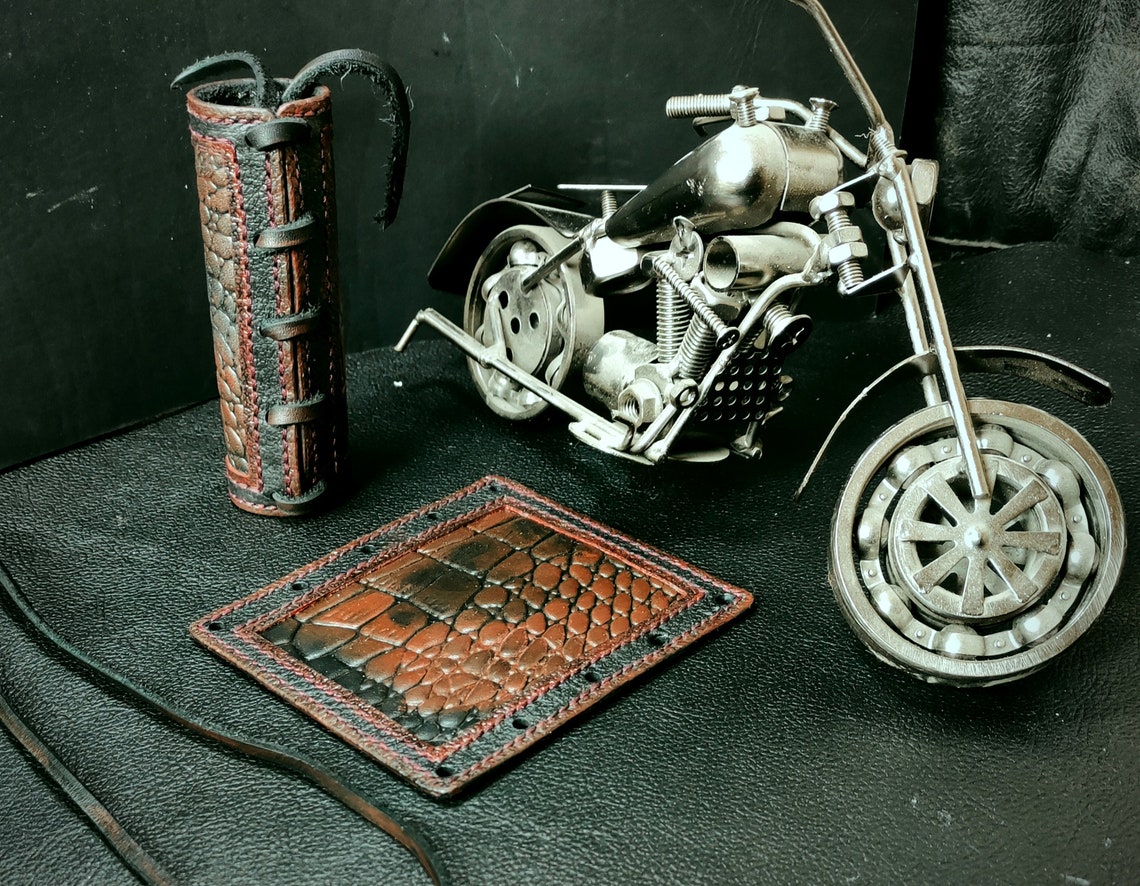 Genuine Leather Motorcycle Grip Covers Wraps Black Red Hand Etsy