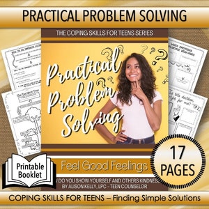 以下が含まれることがあります： 「Practical Problem Solving」というタイトルの、ティーンエイジャー向けの印刷可能な小冊子。笑顔の若い女性が特徴です。表紙には、手書きのフォントでタイトルと疑問符が書かれています。小冊子には17ページが含まれています。