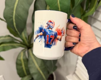 Josh Allen Mug- water color- 15 oz Coffee Cup, Choice of interior color