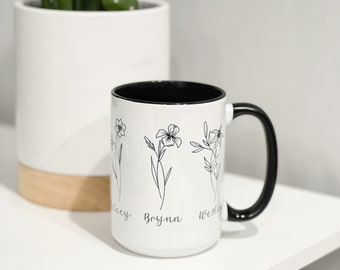 Custom Black and White Birth Flower Mug - with horizontal names