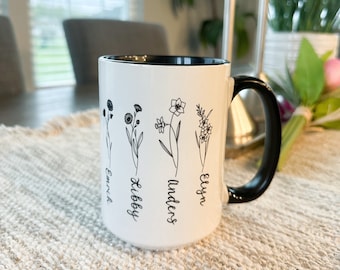 Birth Flower Mug - Black and White- with vertical names