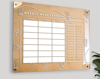 Personalized Cactus Meal Planner: Engraved Wood & Acrylic Dry Erase Board