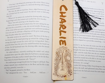 Personalized Wooden Guitar Bookmark: Engraved Name, Tassel Gift