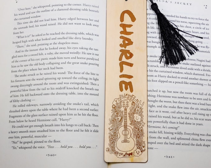 Personalized name bookmark custom wooden guitar gift for bookworm reader, engraved with tassel, wedding anniversary graduation favor