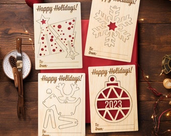 Laser Cut Wooden Christmas Card Set: Holiday Ornament Cards