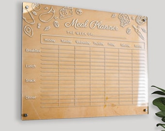 Customizable Wood and Acrylic Calendar - Clear Dry Erase Planner for Simplified Scheduling and Organization -  Meal Planner Design