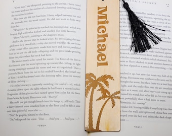 Personalized Palm Tree Bookmark: Engraved Wooden Gift with Tassel