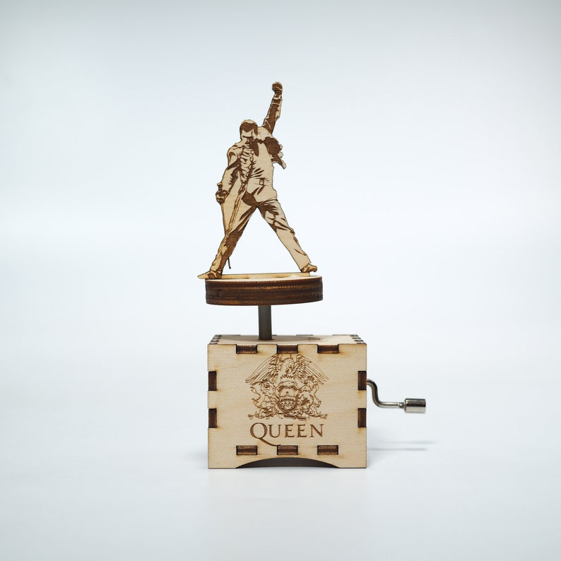 Queen wooden music box We Are The Champions unique personalized custom gift for him her handmade hand cranked collectible 