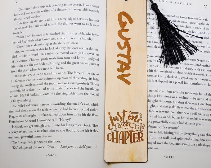 Personalized name bookmark custom wooden more chapters gift for bookworm reader, engraved with tassel, wedding anniversary graduation favor