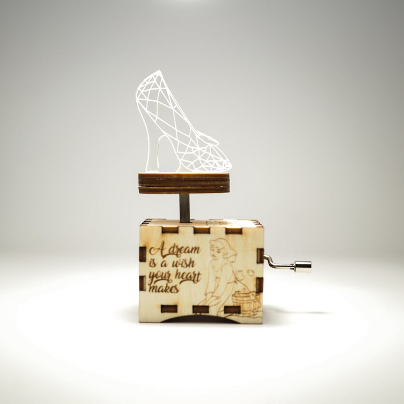 Cinderella wooden music box A Dream Is A Wish Your Heart makes unique personalized custom gift for him her handmade hand cranked collectible 