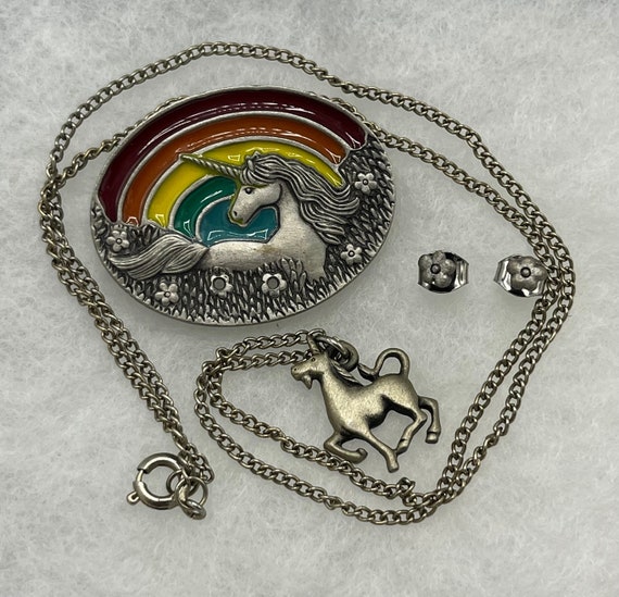 Vintage Pewter Ms. Dee Unicorn Set ~Brooch, Earri… - image 1