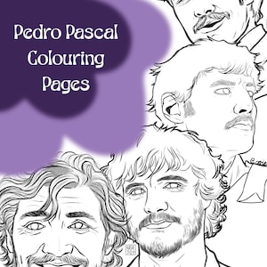 Peut inclure: Huit dessins au trait en noir et blanc du visage de Pedro Pascal. Les dessins sont dans différentes poses et expressions. Le titre "Pedro Pascal Pages à colorier" est en haut de l'image.