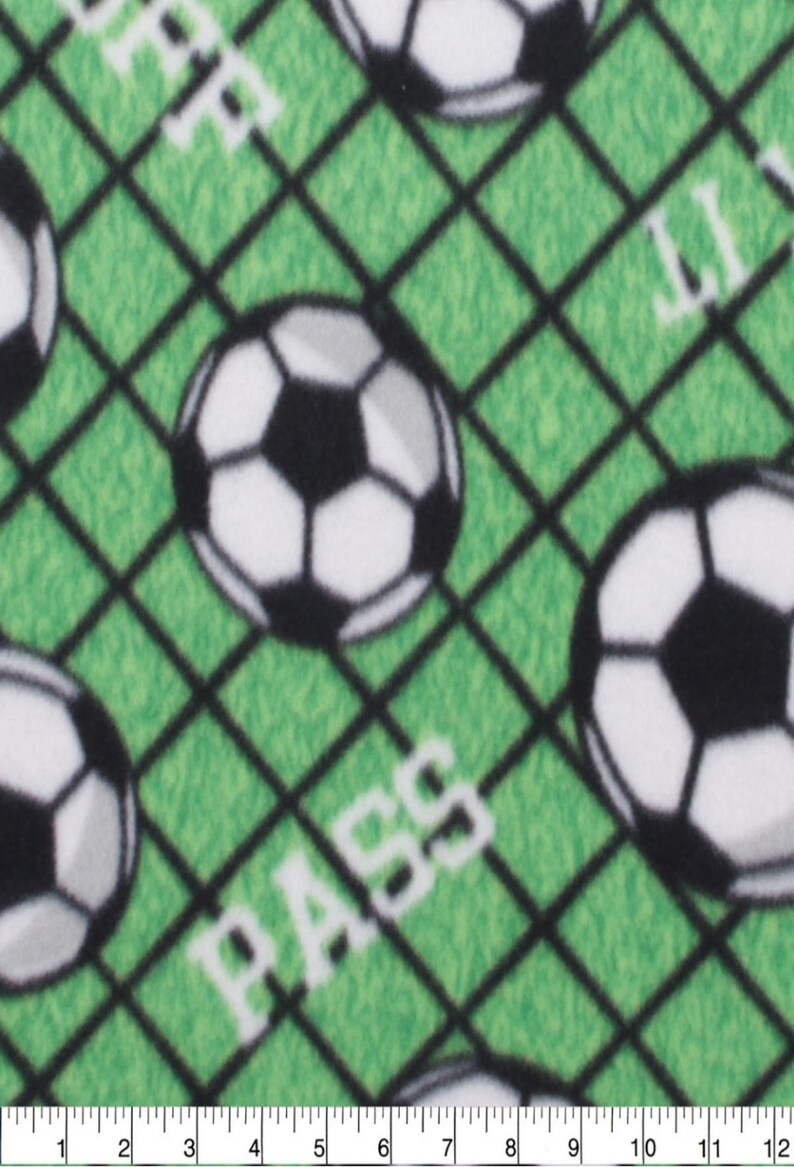 soccer balls all over soccer 9 ft soccer words Blizzard Fleece material sports