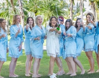 Dusty Blue Bridesmaid Robes | Satin Bridal Party Robes | Bridesmaid Gifts | Lace Trim | Bridesmaid Proposal | Bridal Robes | Wedding Robes