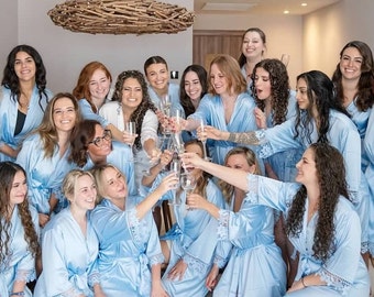 Set of Bridesmaid Robes | Satin Bridal Party Robes Set of 4 5 6 7 8 | Bridesmaid Gifts | Lace Trim | Bachelorette Party Robes