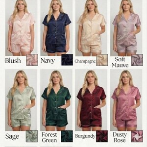 May include: A color chart of satin pajamas in various colors, including rust, white, black, dusty blue, blush, navy, champagne, soft mauve, sage, forest green, burgundy, dusty rose, rosewood, and very peri. The text "Satin Pajamas color chart" is also present.