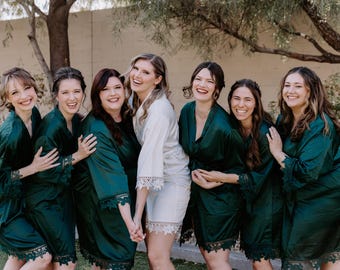 Forest Green Bridesmaid  LACE Robes Set Satin Matte Getting Ready Robes Bridal  Robes Bridesmaid Gifts Bridesmaids Proposal Gifts