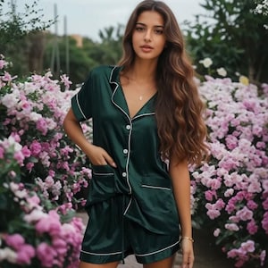 Forest  Green Pajamas, Rust, Sage Soft Satin Pyjamas, Bridal PJs, Bridesmaid Gift, Bachelorette Shoot Jammies, Bridal Shower Gifts