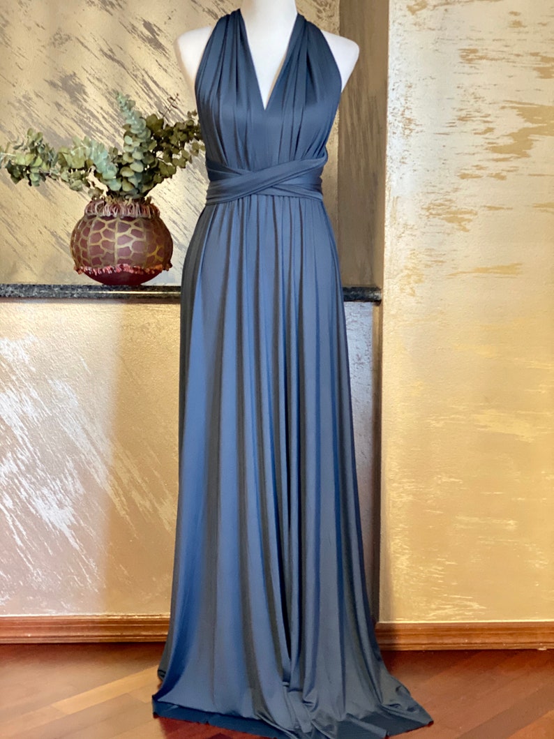 slate blue evening gown