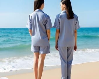Dusty Blue SATIN Pajama Set, Bridesmaid PJs Set, Bridesmaid Proposal Gift, Bridal Party Gift, Getting Ready PJs, Custom silky satin pajamas