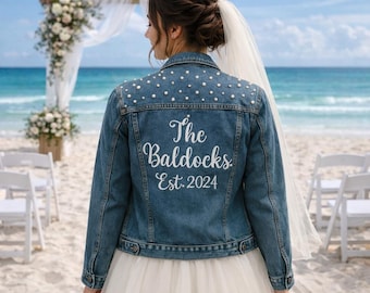 Personalized Bridal Pearl-Studded Denim Jacket |Custom Jacket | Mrs Pearl Denim Jacket| Bride Jean Jacket|  Personalized Engagement Gift