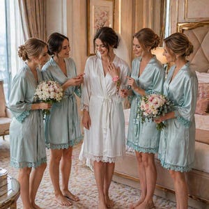 May include: A group of women in a luxurious room, wearing robes. The bride is in a white robe, surrounded by bridesmaids in light blue robes with lace trim. Each bridesmaid holds a bouquet of flowers. The room has a large bed and ornate decor.