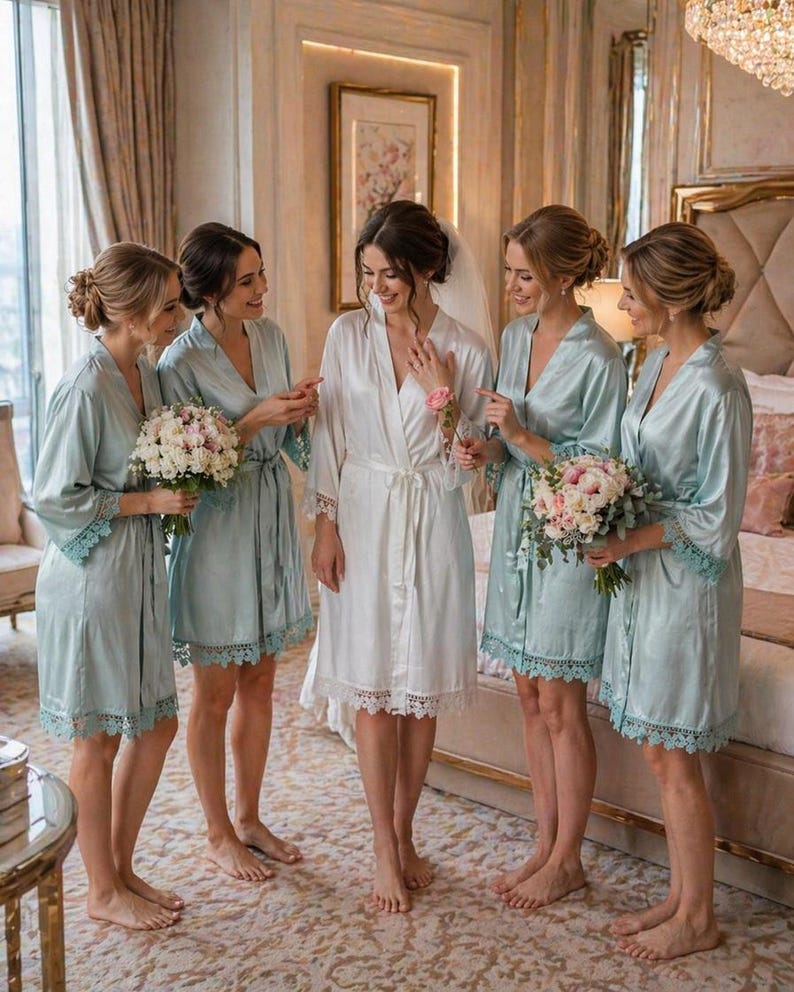 May include: A group of women in a luxurious room, wearing robes. The bride is in a white robe, surrounded by bridesmaids in light blue robes with lace trim. Each bridesmaid holds a bouquet of flowers. The room has a large bed and ornate decor.