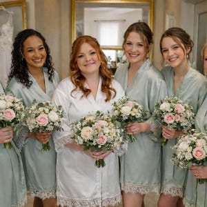 Sage Green Bridesmaid Robes | Satin Bridal Party Robes Set | Bridesmaid Gifts | Lace Trim | Bridesmaid Proposal | Bridal Robes