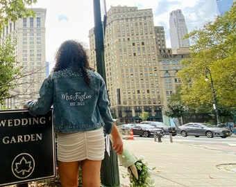 Custom Bridal  Jacket Personalized Bridal Pearl-Studded Denim Jacket Mrs Pearl Denim Jacket    Personalized  Engagement Gift for Bride to Be