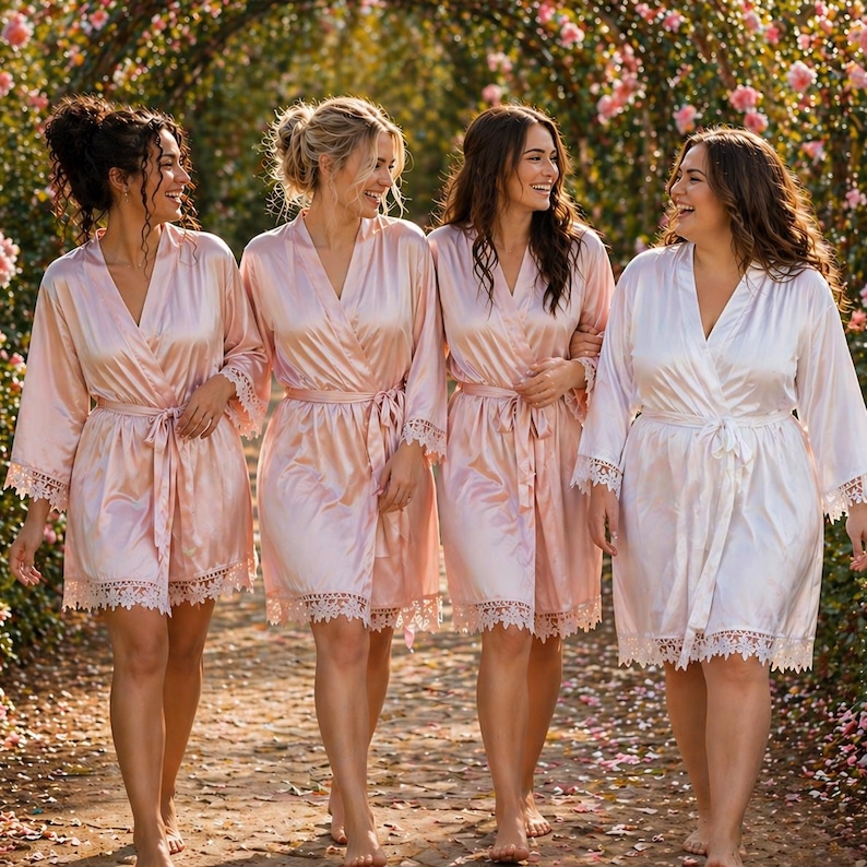 May include: Four matching light pink satin robes featuring long sleeves, a wrap-style front with a tie waist, and delicate white lace trim along the sleeve cuffs and the bottom hemline. The robes have a smooth, shiny finish and a knee-length cut.