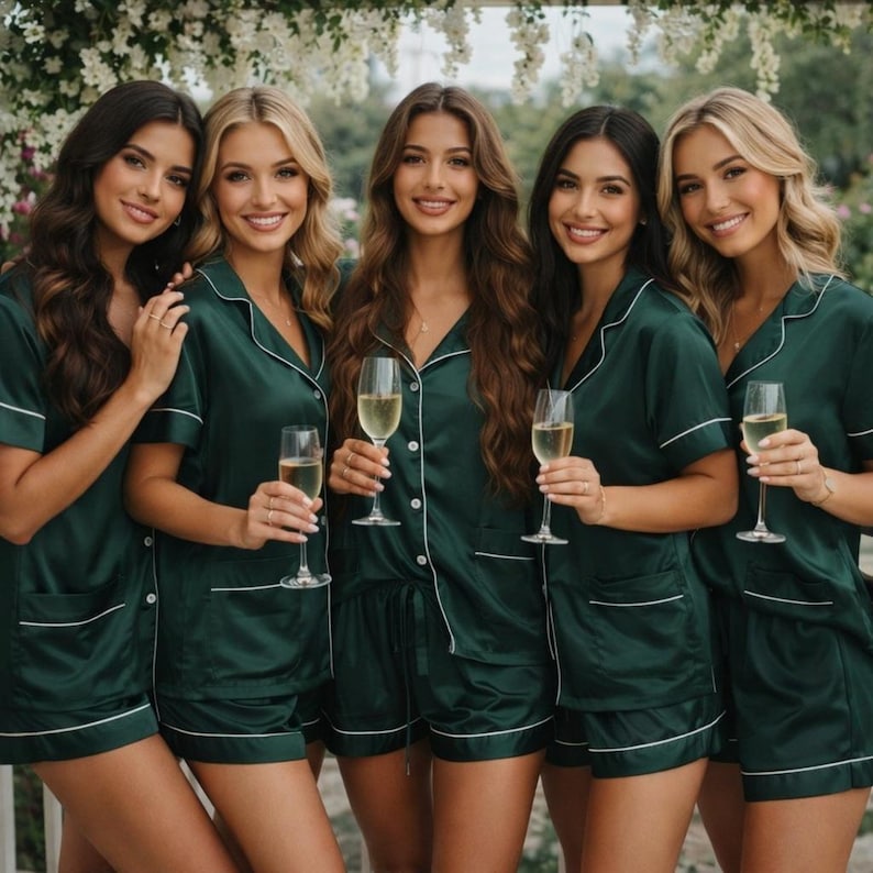 May include: Five people wearing matching dark green pajama sets with white trim, holding champagne flutes. The pajama sets include short-sleeved button-up shirts and shorts. The background features white flowers.