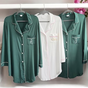 Monogram Pajama Shirt, Bridesmaid pajamas  shirt, Long button down pajamas shirts, Bridal party sleep shirt, Wedding bridesmaids&#39; gifts
