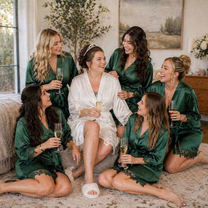 Set of Bridesmaid Robes | Satin Bridal Party Robes Set of 4 5 6 7 8 | Bridesmaid Gifts | Lace Trim | Bachelorette Party Robes image 10