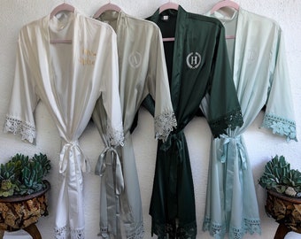 Robes de demoiselle d'honneur vert sauge | Ensemble de robes de mariée en satin de soie | Cadeaux de demoiselle d'honneur | Bordure en dentelle | Proposition de demoiselle d'honneur | Robes de mariée