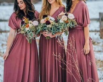 Rosewood Altrosa Brautjungfernkleid, Infinity-Brautjungfernkleid, wandelbares Kleid, langes Kleid, Multiway-Kleid, wandelbares Brautjungfernkleid