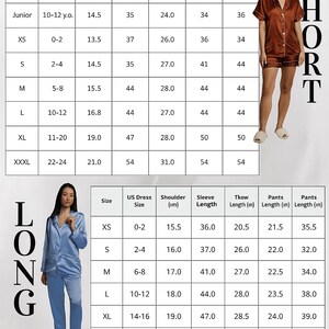 May include: Sizing charts for short and long pajama sets. The short set measurements include bust, top length, and shorts length in inches. The long set measurements include shoulder and sleeve length in inches. Models are shown wearing the pajama sets.