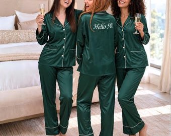 Birthday  Pajamas – Personalized Satin PJs for Women | Custom Birthday Gifts | Matching Pajama Sets for Girls Trip & Party Photos