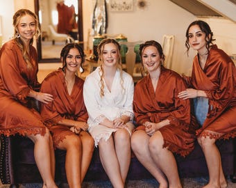 Set of 4 5 6 7 8 9 Bridesmaid Robes | Satin Bridal Party Robes Set | Bridesmaid Gifts | Lace Trim |  Blue Wedding Robes| Bridesmaid gifts