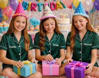 Custom Name Kids Satin Pajamas – Personalized Birthday PJs | Non-Flammable Polyester Sleepwear | Birthday Gift for Girls