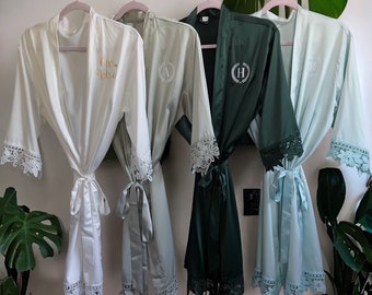 Set of 4 5 6 7 8 9 Bridesmaid Robes | Satin Bridal Party Robes Set | Bridesmaid Gifts | Lace Trim |  Blue Wedding Robes